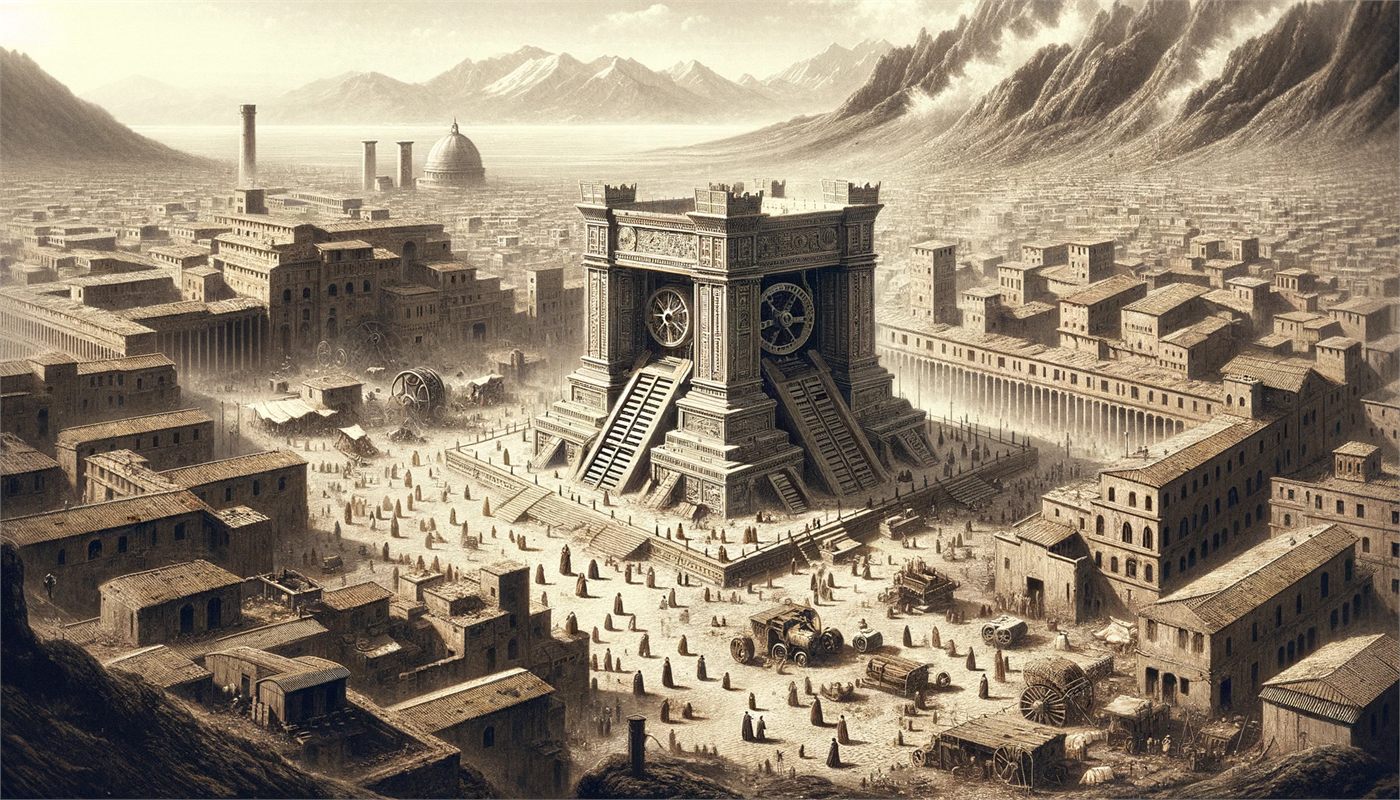 Sepia engraving of an ancient city built around a monumental gated machine of gears and stone.